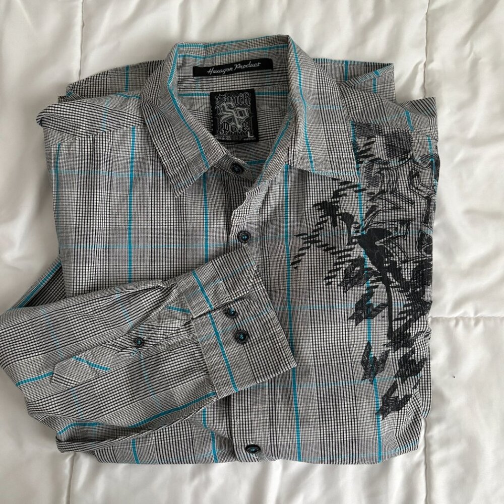 South Pole Hexagon Product Men's Long Sleeve Button Up Urban Streetwear Edgy L